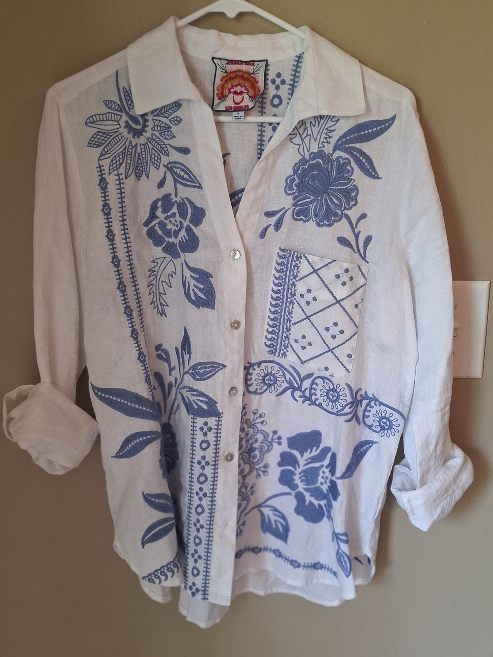 Johnny Was Lyra White Linen Shirt with Blue Floral Embroidery S - Picture 5 of 16